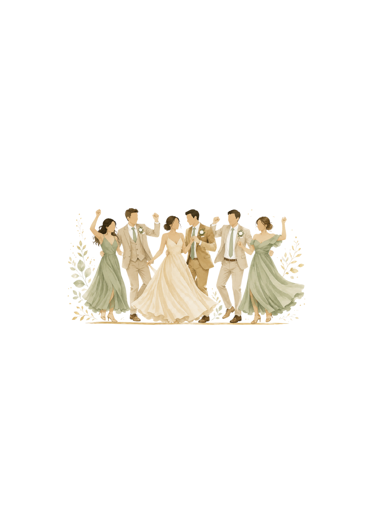 Wedding party dancing in champagne, sage and gold attire